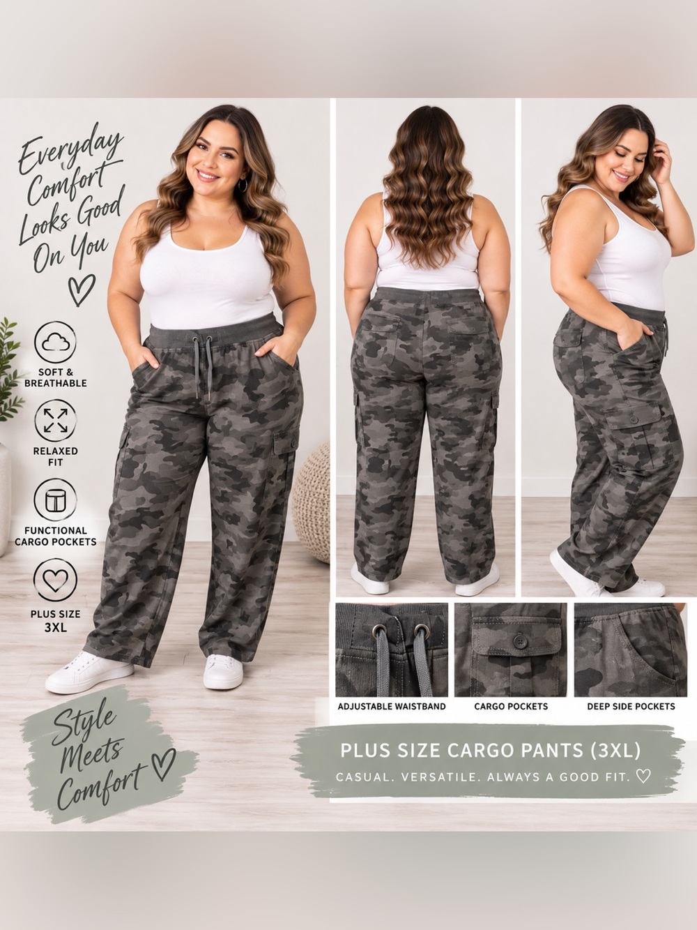 Plus Size Wide-Leg Cargo Pants in Gray Camo